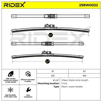 RIDEX 298W0022 Wiper Blade Kit - Front - 650/400mm (Push Button)