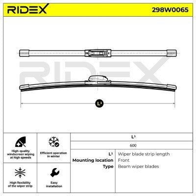 RIDEX 298W0065 Wiper Blade - Front - 600mm (Hook Type)
