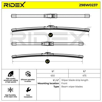 RIDEX 298W0237 Wiper Blades Pair - Front - 650/475mm