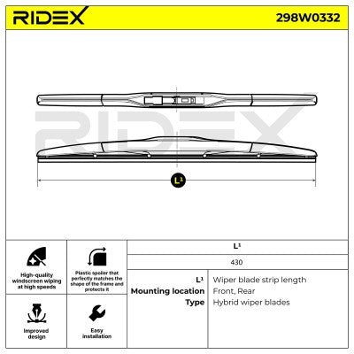 RIDEX 298W0332 Wiper Blade - Rear - 430mm (Hook Type)