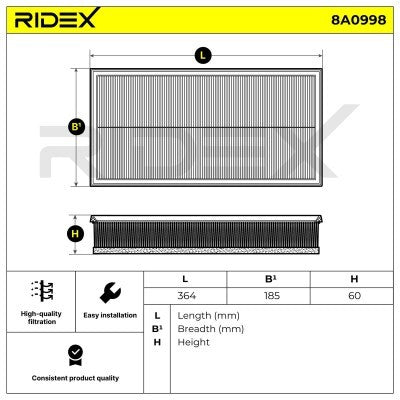 RIDEX 8A0998 Air Filter for Volkswagen