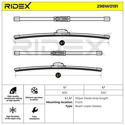 RIDEX 298W0191 Wiper Blades kit - Front - 600/340mm (Hook Fixing)